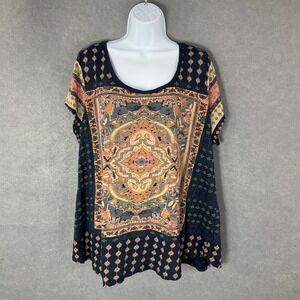 Lucky Brand Tunic Top Medallion Print Short Sleeve Casual Womens 2X‎
